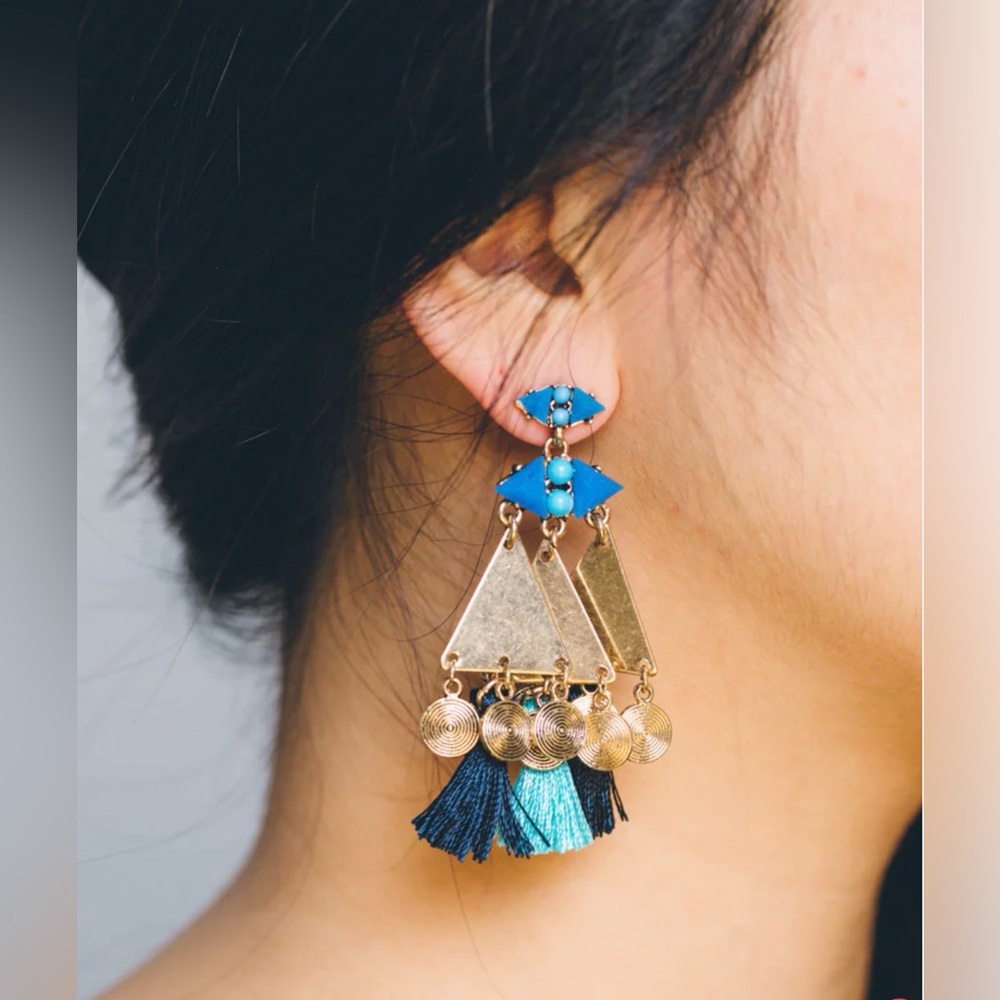 Astral by Charlie Paige Gypsy Blues Boho Tassel Earrings Gold Blue Turquoise